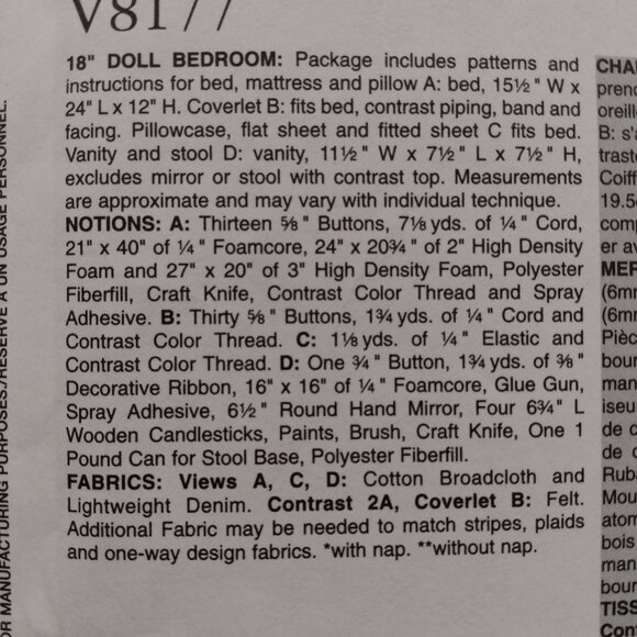 Vintage Vogue 18" Doll Bedroom Furniture Set Sewing Pattern UNCUT 8177 - Picture 6 of 9